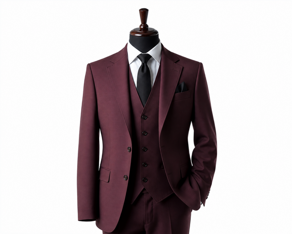 Bordo Slim Fit Yelekli Takım Elbise