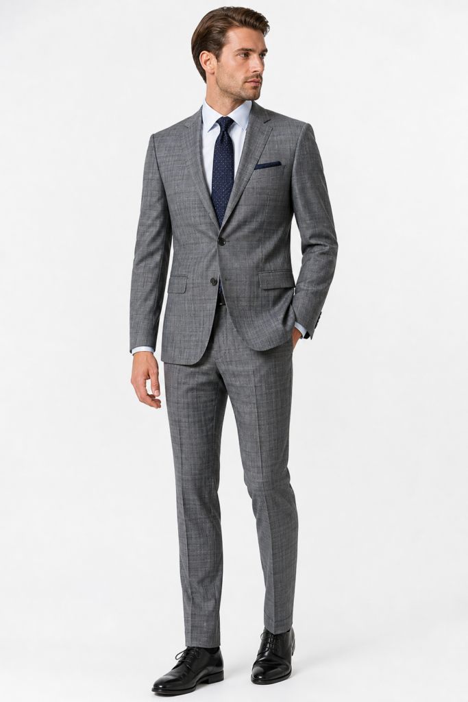Ekose Desenli Slim Fit Takım Elbise - Gri