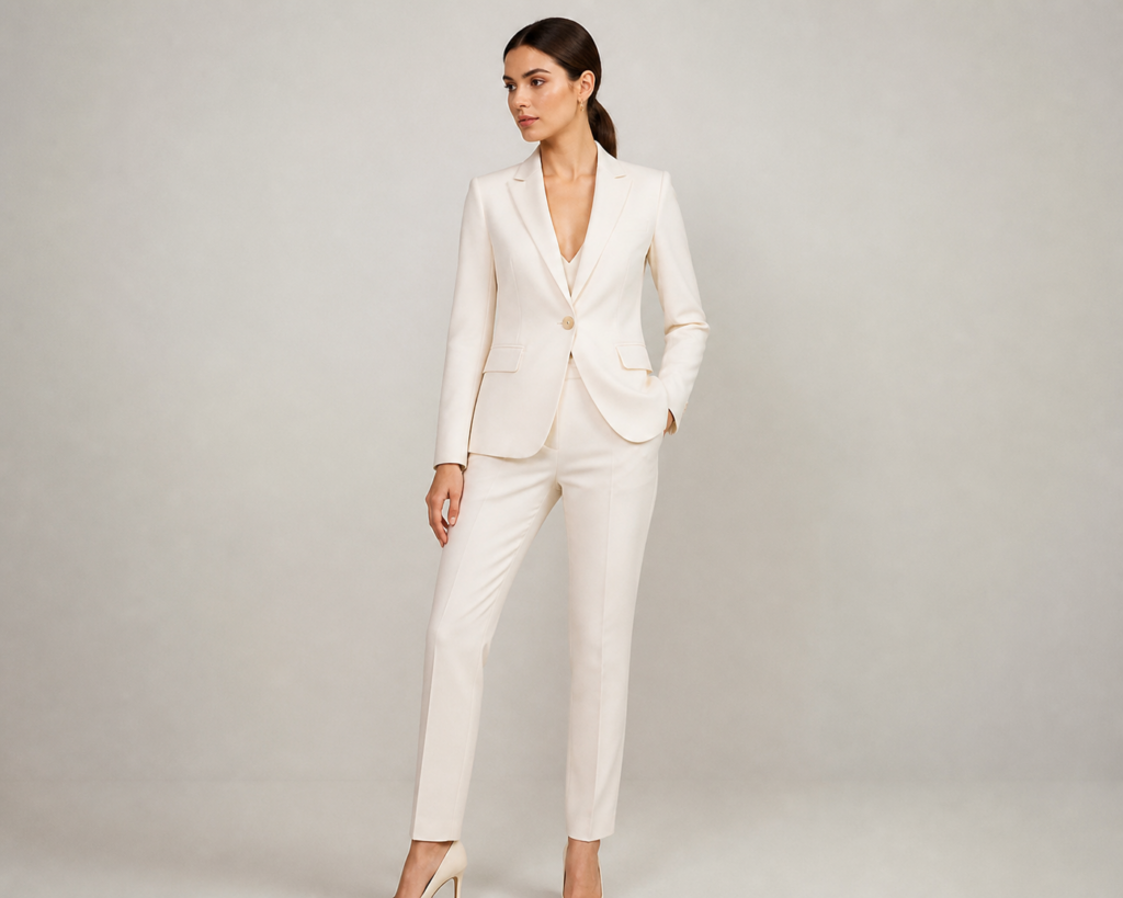 Moda Rota Modern Slim Fit Kadın Ceket Pantolon Takım - Ekru