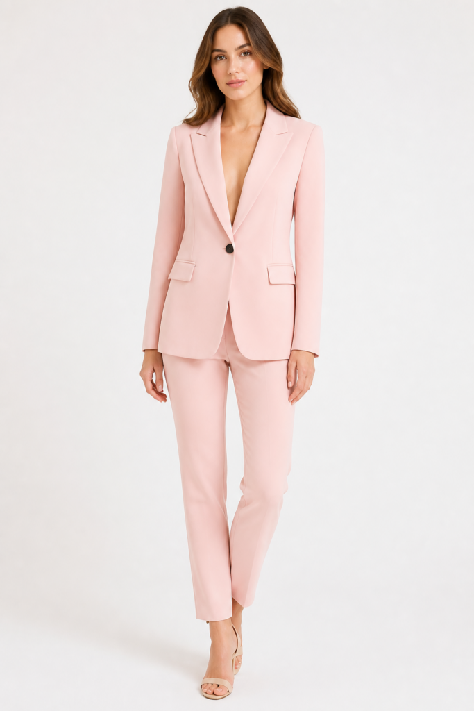 Moda Rota Tek Düğmeli Minimalist Kadın Takım - Pudra